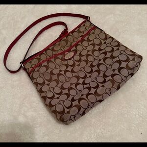 Coach Brown Signature Canvas Crossbody with Red Trim